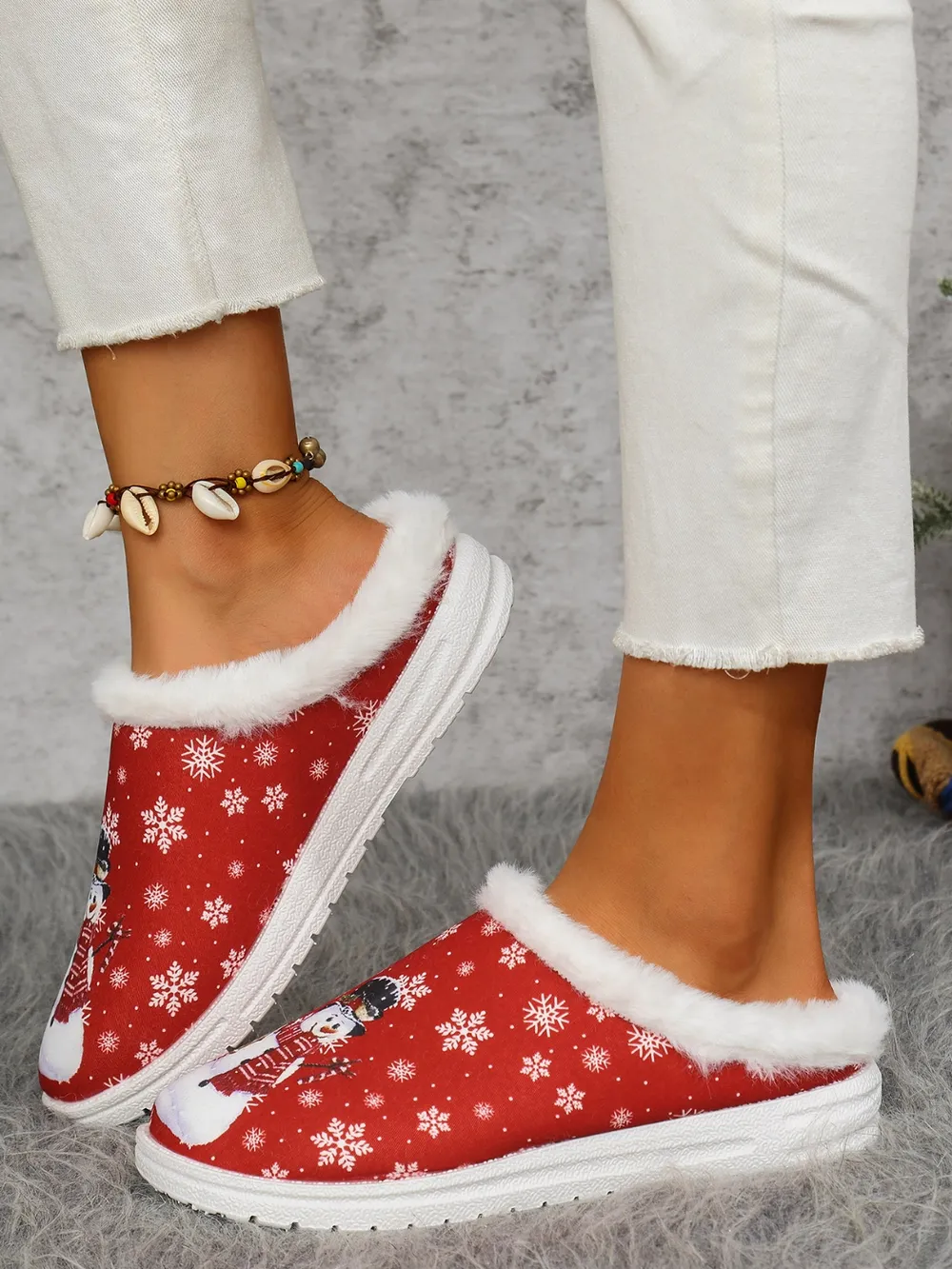 Snowman Print Flat Slippers with Faux Fur, image 9