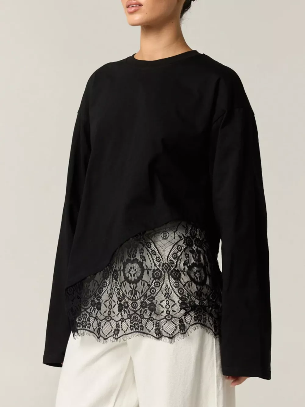 Long-Sleeve T-Shirt with Asymmetric Lace Hem, image 8