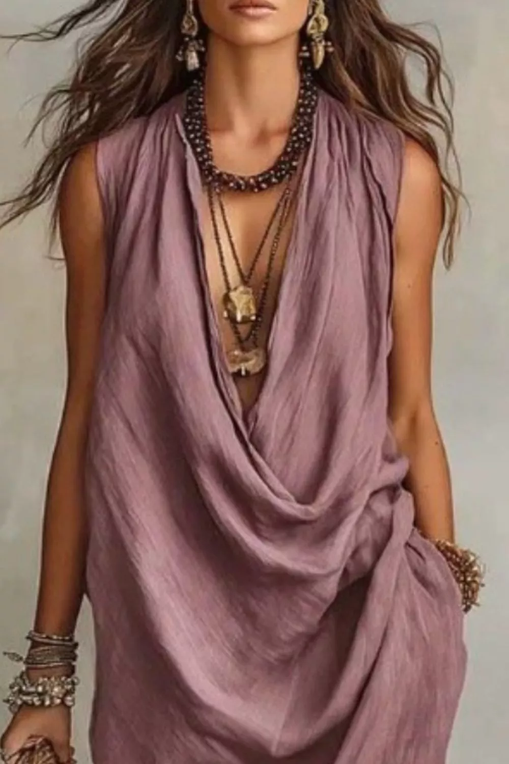 Sleeveless Drape Neck Midi Dress, image 4