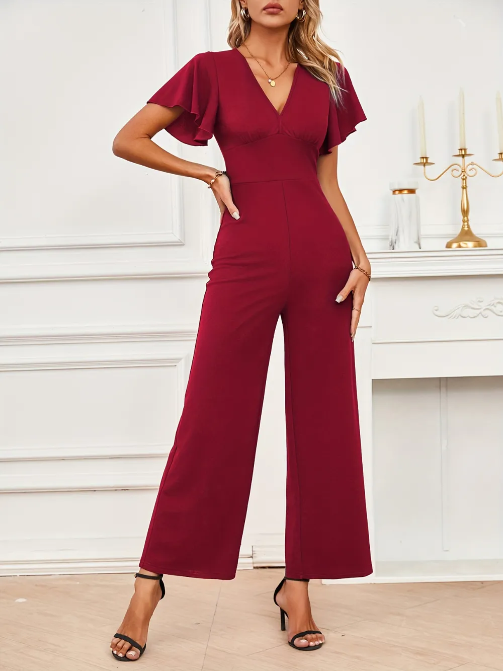 V-Neck Flutter Sleeve Jumpsuit, image 4