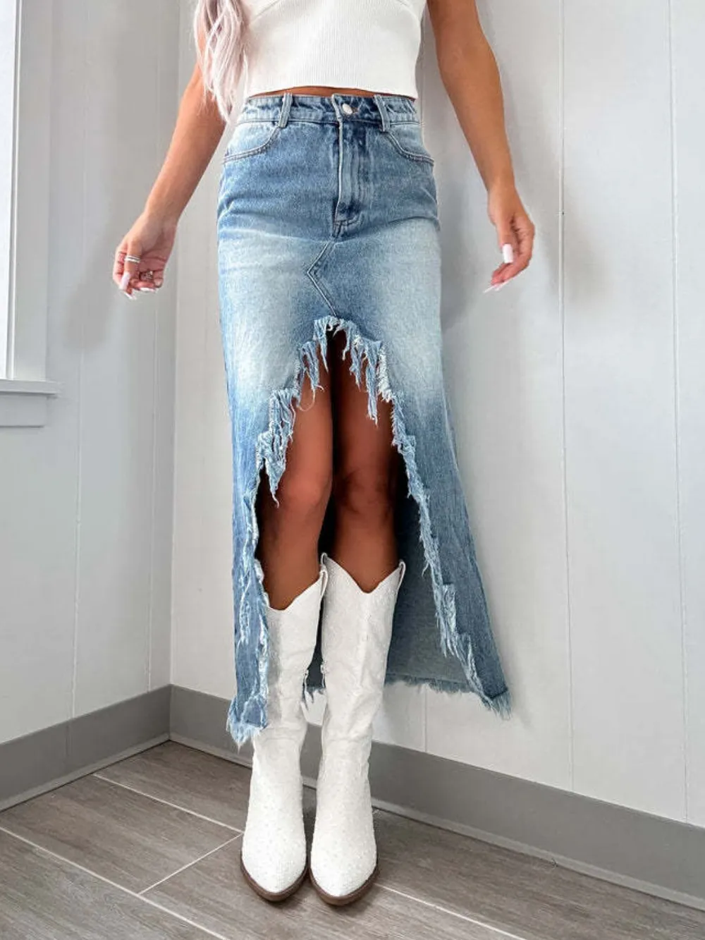 High-Waist Raw Hem Asymmetry Denim Skirt, image 4