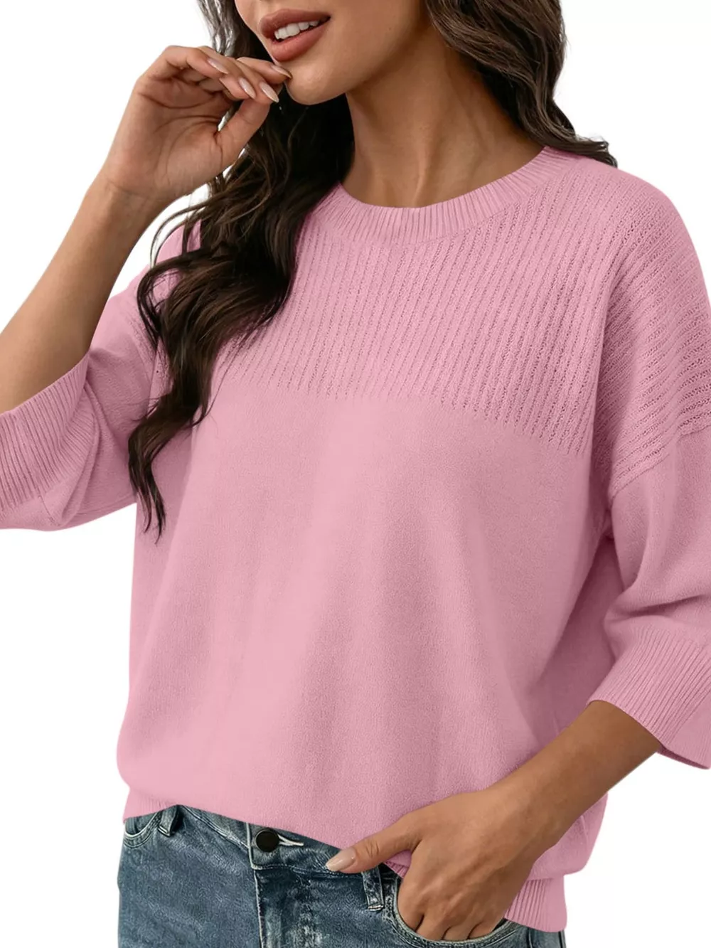 Elegant Crew Neck Eyelet Ribbed Sweater, image 10