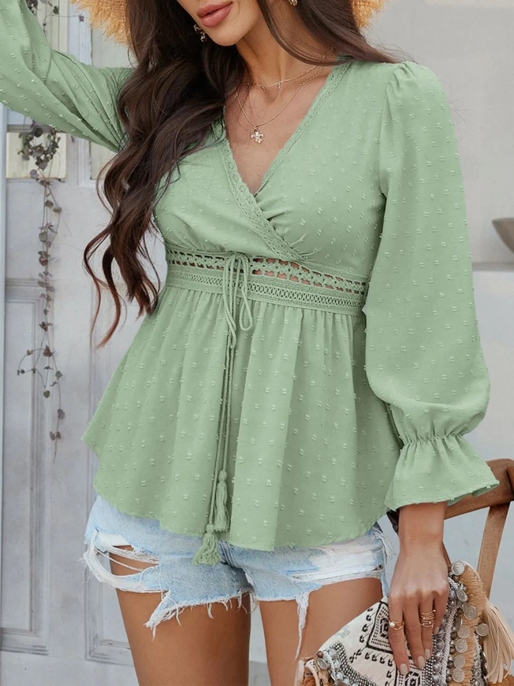 Swiss Dot Lace Detail Surplice Flounce Sleeve Blouse, image 22