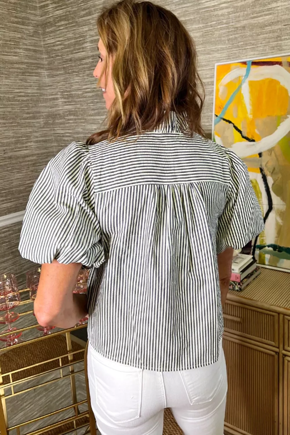 Striped Ruffle Short Bubble Sleeve Shirt, image 6