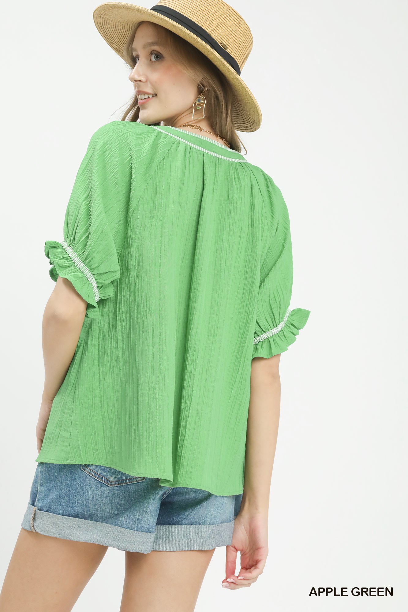 Textured Split Neck Puff Sleeve Top, image 5