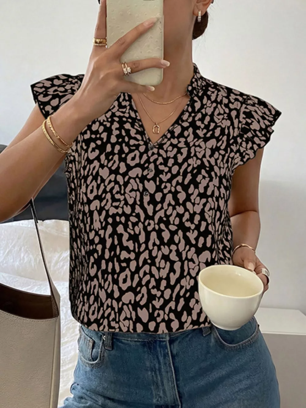 Leopard Print Ruffle Sleeve Blouse, image 8