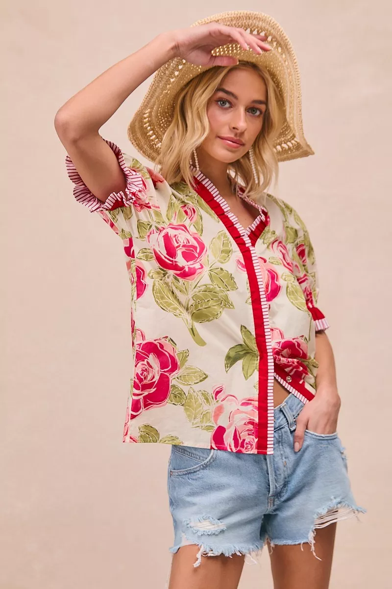 Floral Printed Woven Contrast Edge Ruffled Blouse, image 4