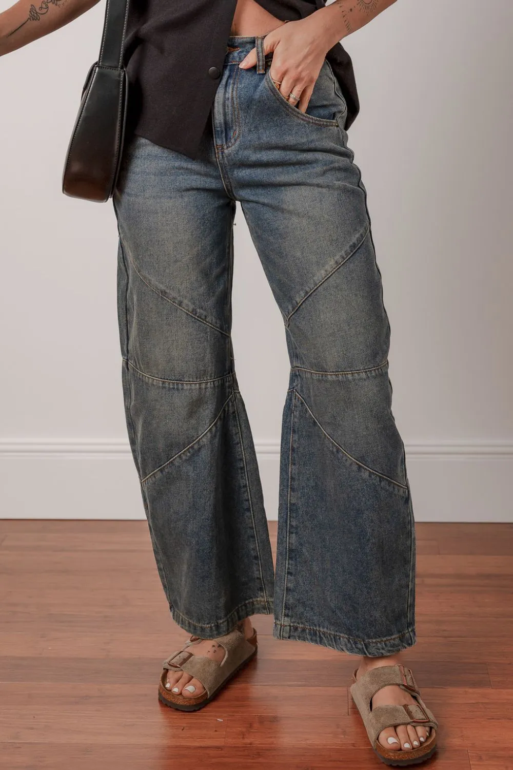 Exposed Stitching Loose Straight High Waist Jeans, image 8