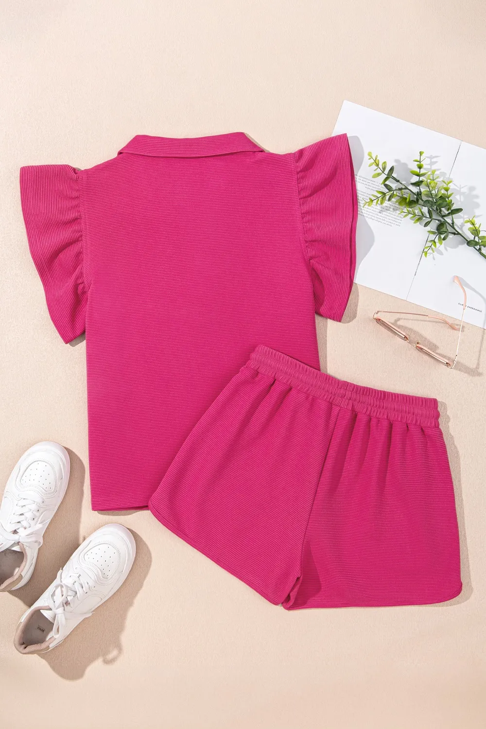 Striped Detail Flutter Sleeve Zipped Collar Top and Short Set, image 8