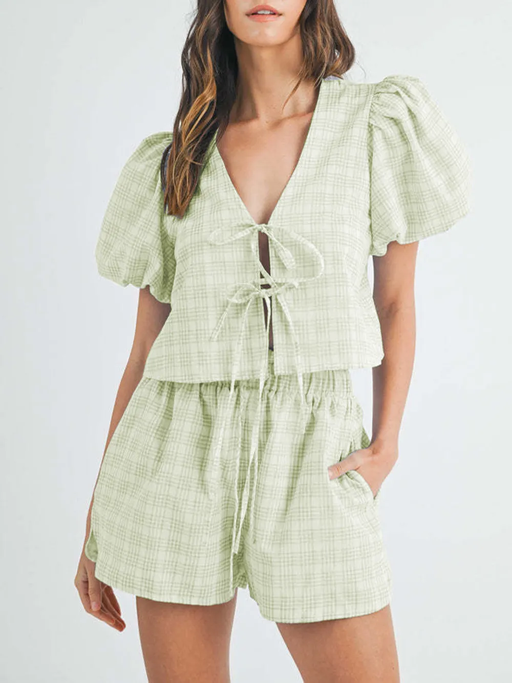 V-Neck Puff Sleeve Top and Shorts Set, image 9