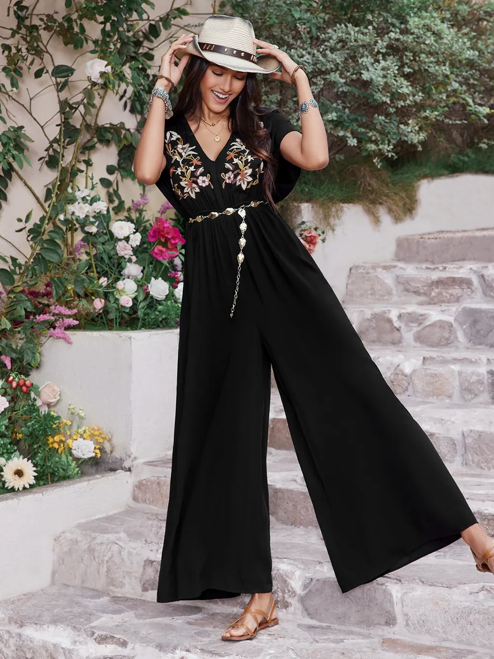 Embroidered Ruched Short Sleeve Jumpsuit, image 6