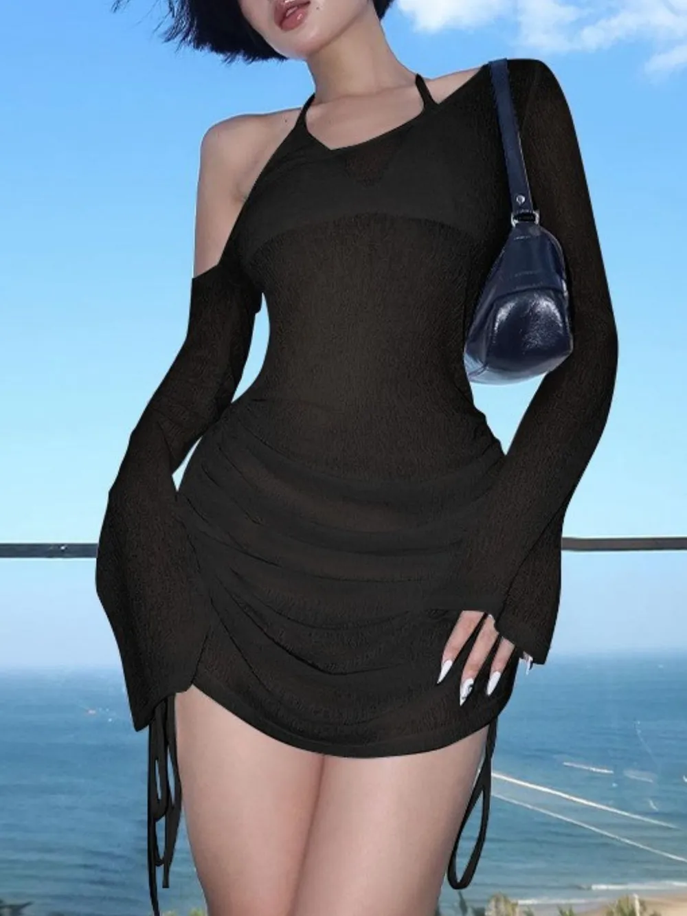 One-Shoulder Bell Sleeve Ruched Mini Cover-Up Dress
