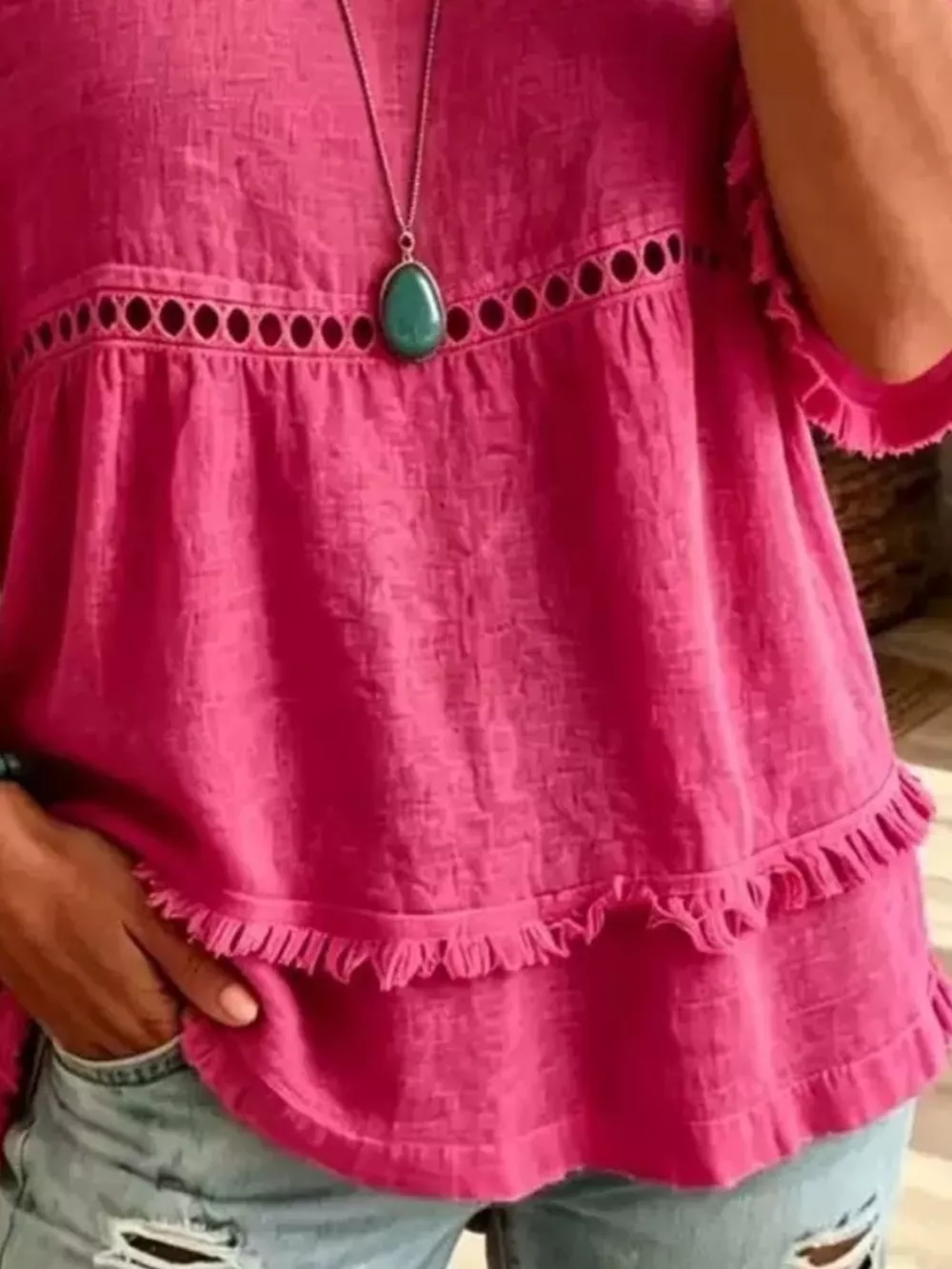 Eyelet V-Neck Frayed Edge T-Shirt, image 3