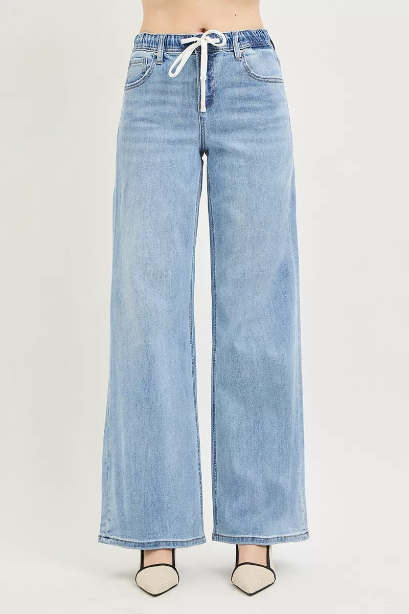 Elastic Band Slouchy Wide Jeans with Drawstring, image 3