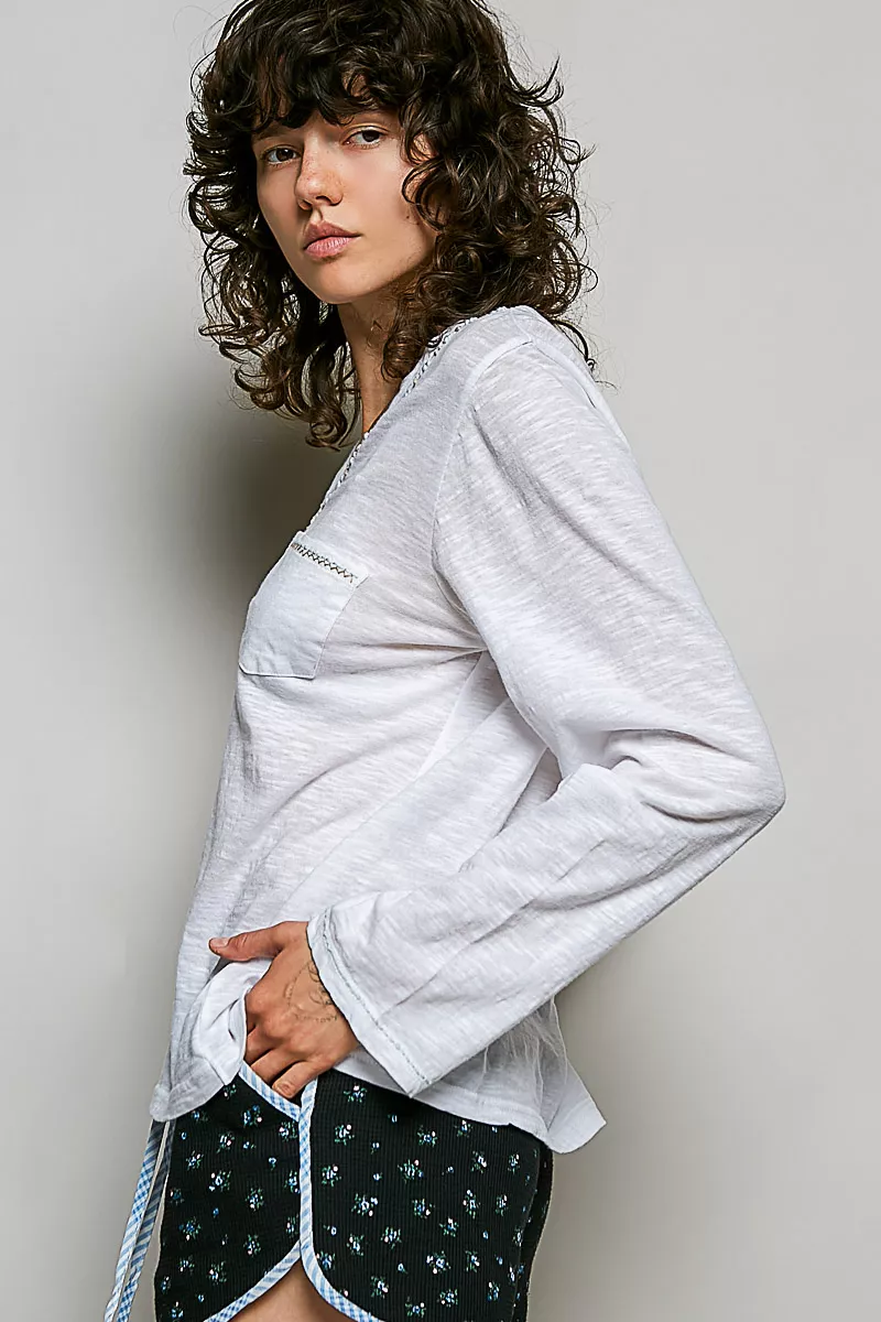 POL Contrast Hand-Stitch V-Neck Lightweight Knit Long Sleeve Top, image 2