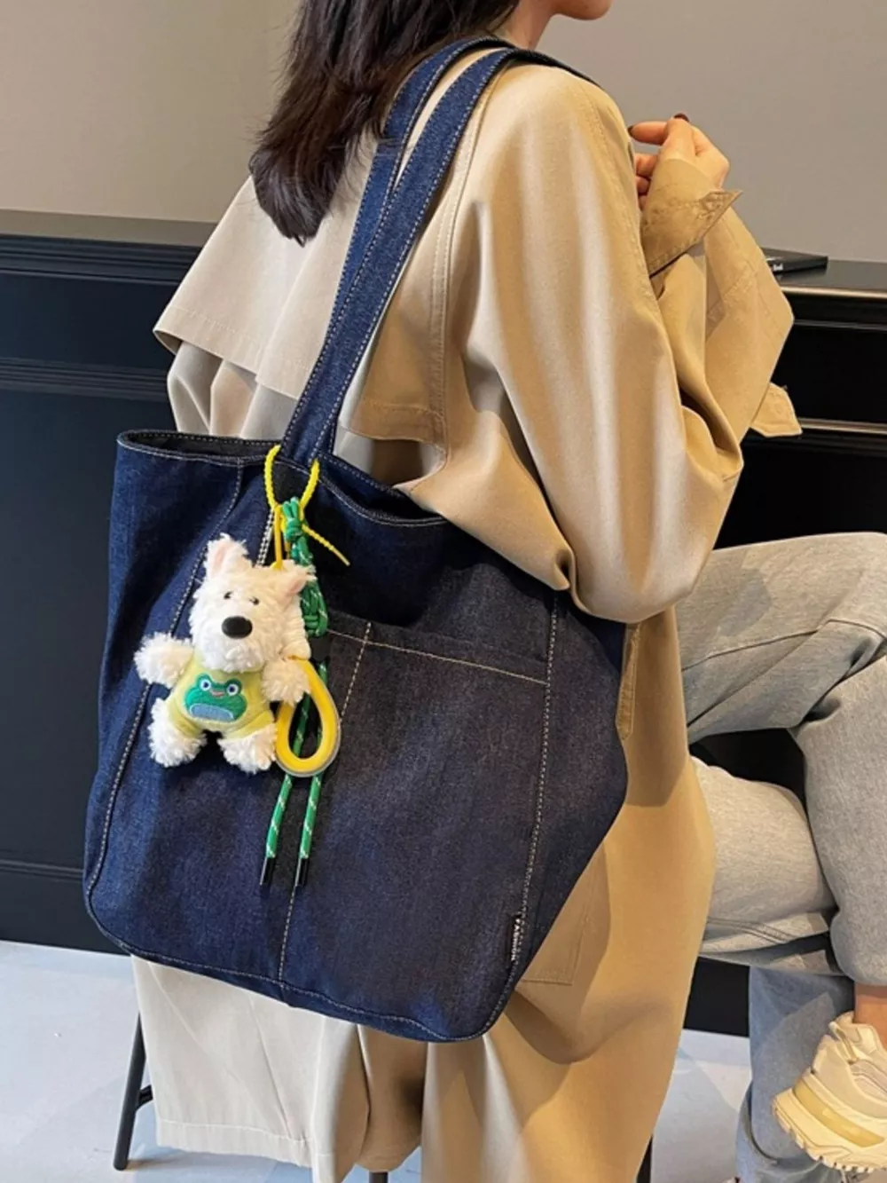Denim Shoulder Bag with Cute Charm, image 4