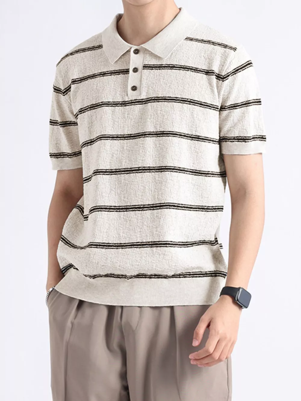Men's Plus Size Striped Knit Button Detail Polo, image 3