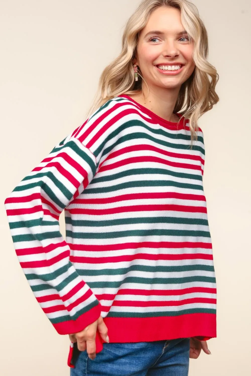 Full Size Striped Contrast Side Slit Knit Top, image 4