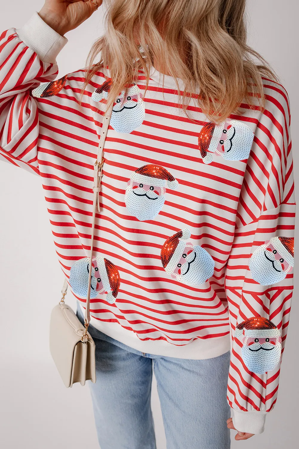 Sequin Santa Striped Round Neck Long Sleeve Sweatshirt, image 6