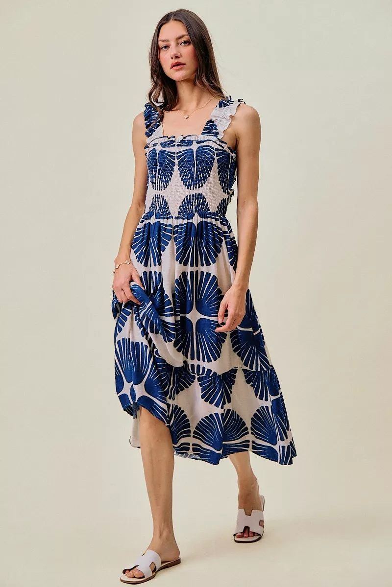 Abstract Print Smocked Bodice Tiered Lined Midi Dress, image 6