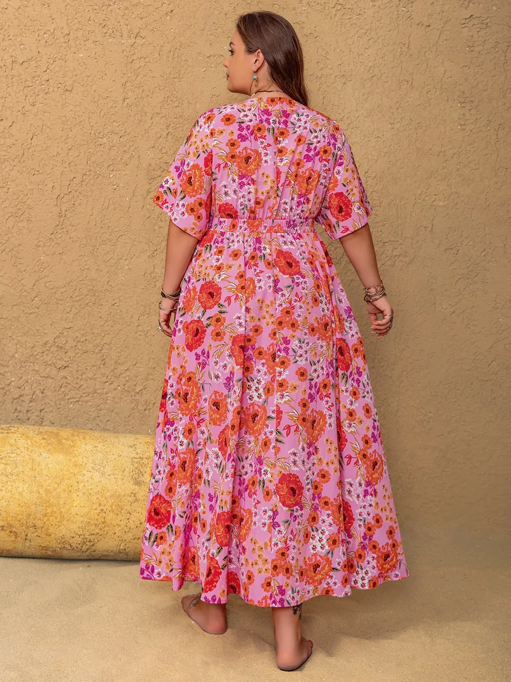 Plus Size Slit Floral V-Neck Half Sleeve Maxi Dress, image 6
