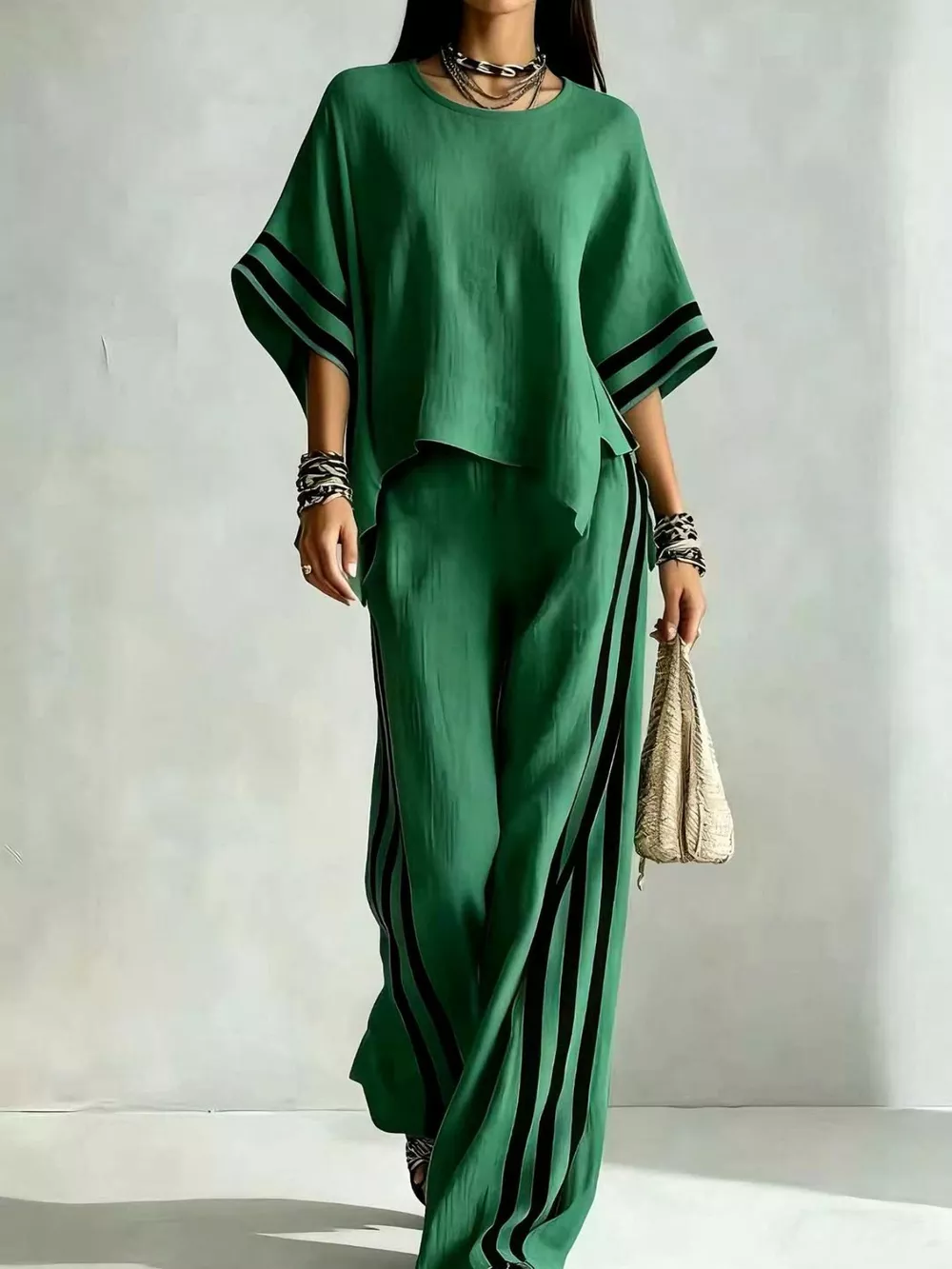 Full Size Striped 3/4 Sleeve Top and Pants Set Plus Size, image 5