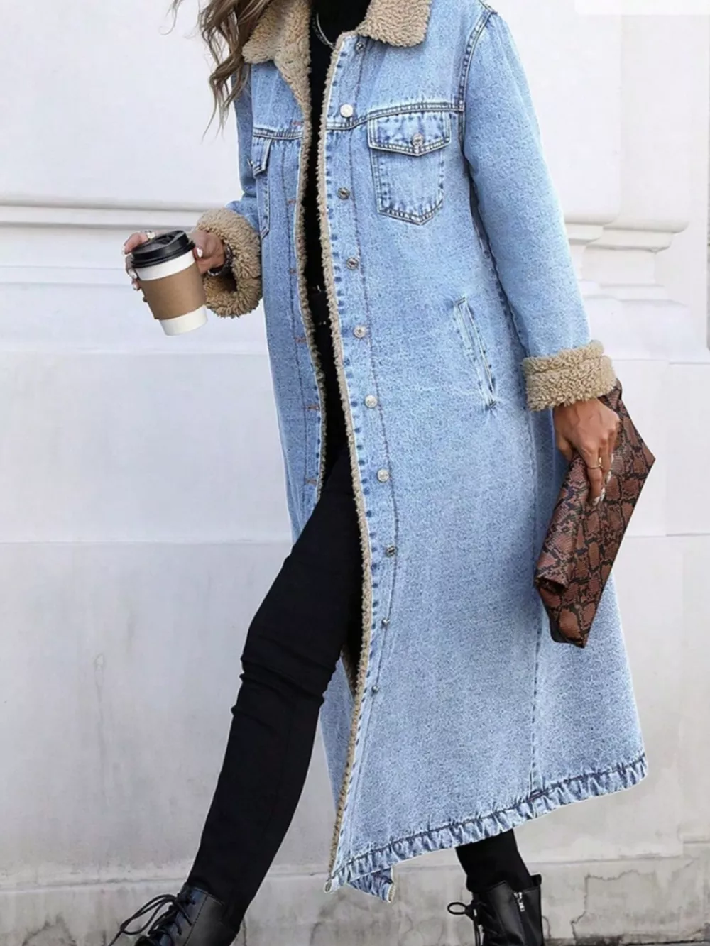 Sherpa Lined Longline Denim Jacket, image 21