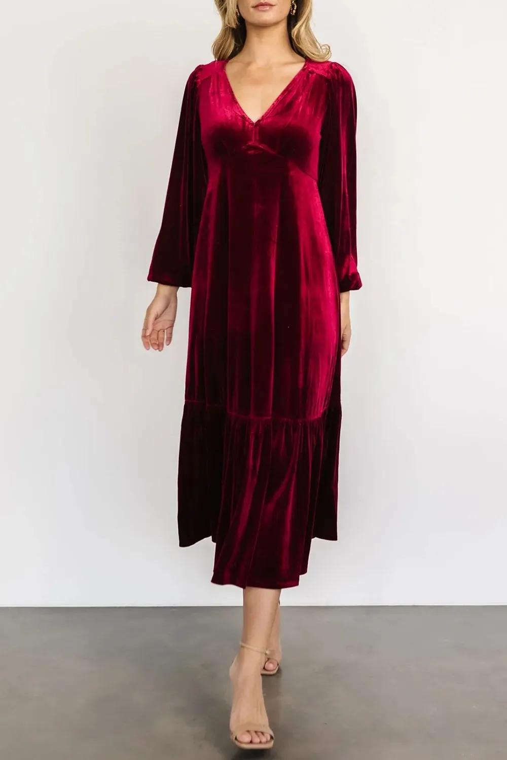 V-Neck Long Sleeve Midi Velvet Dress, image 18