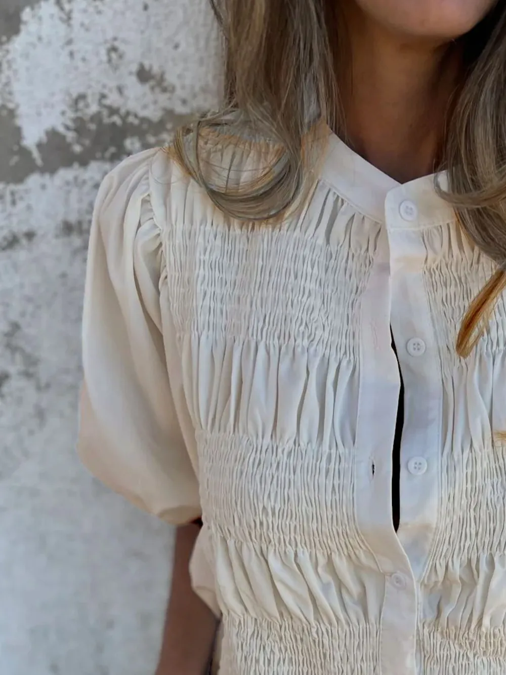 Full Size Smocked Button Front Puff Sleeve Shirt Plus Size, image 9