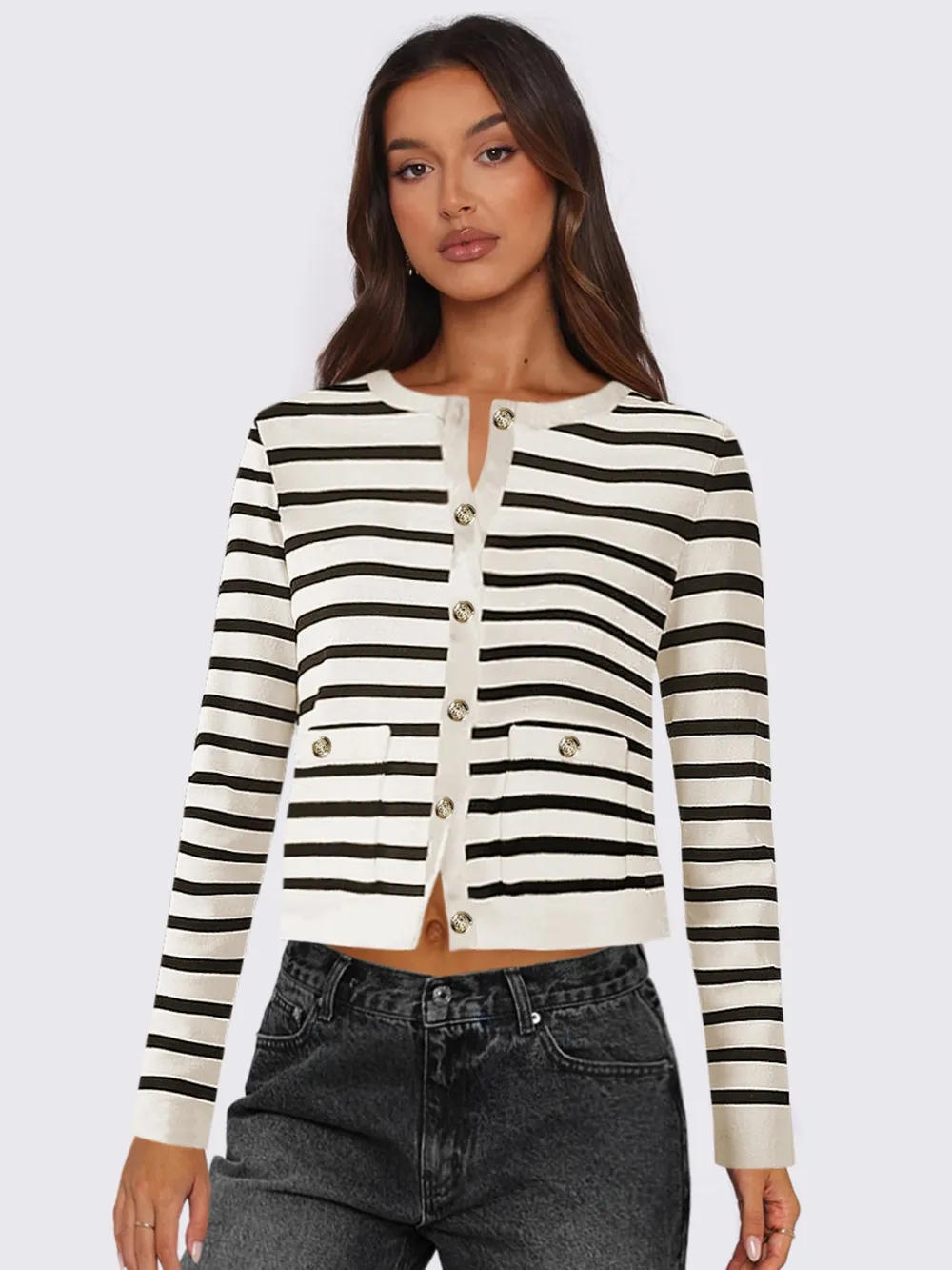 Striped Round Neck Button Up Long Sleeve Cardigan, image 2