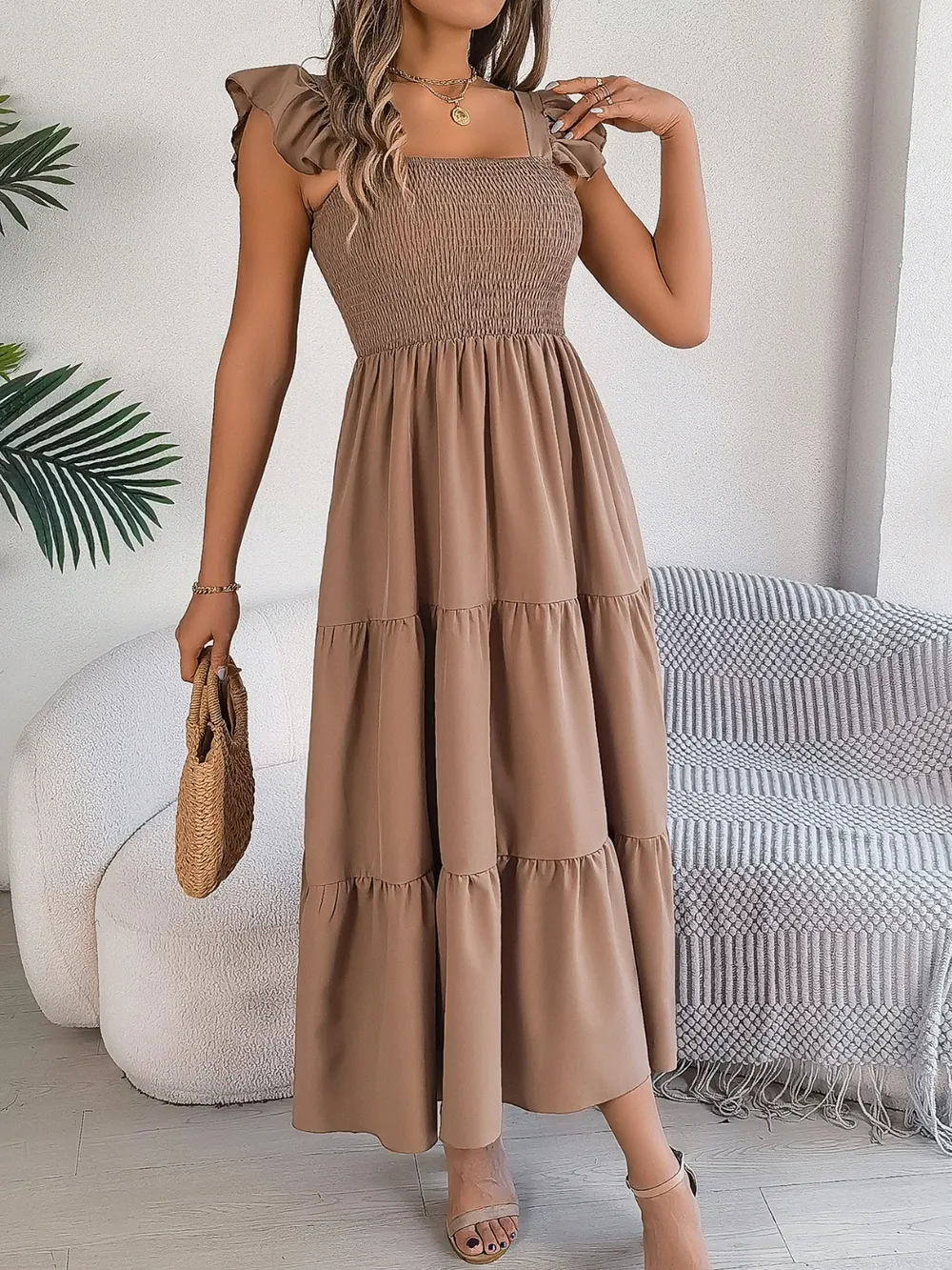 Smocked Square Neck Cap Sleeve Midi Dress, image 21