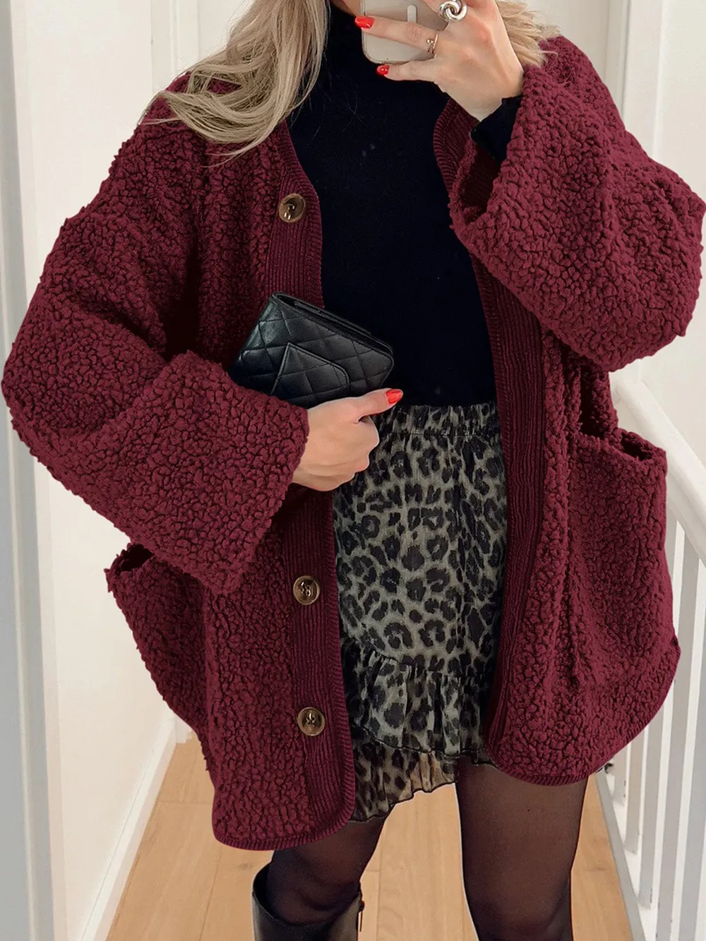 Contrast Button Up Sherpa Jacket with Pockets, image 19