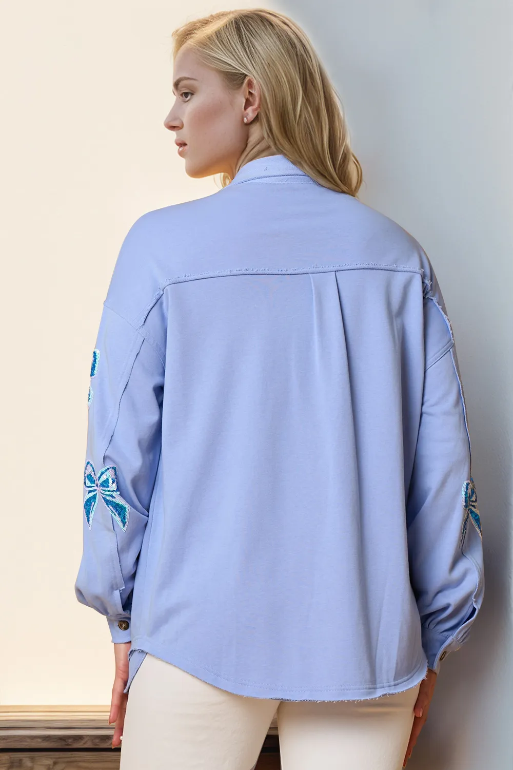 Full Size Sequin Bow Button Up Shacket, image 4