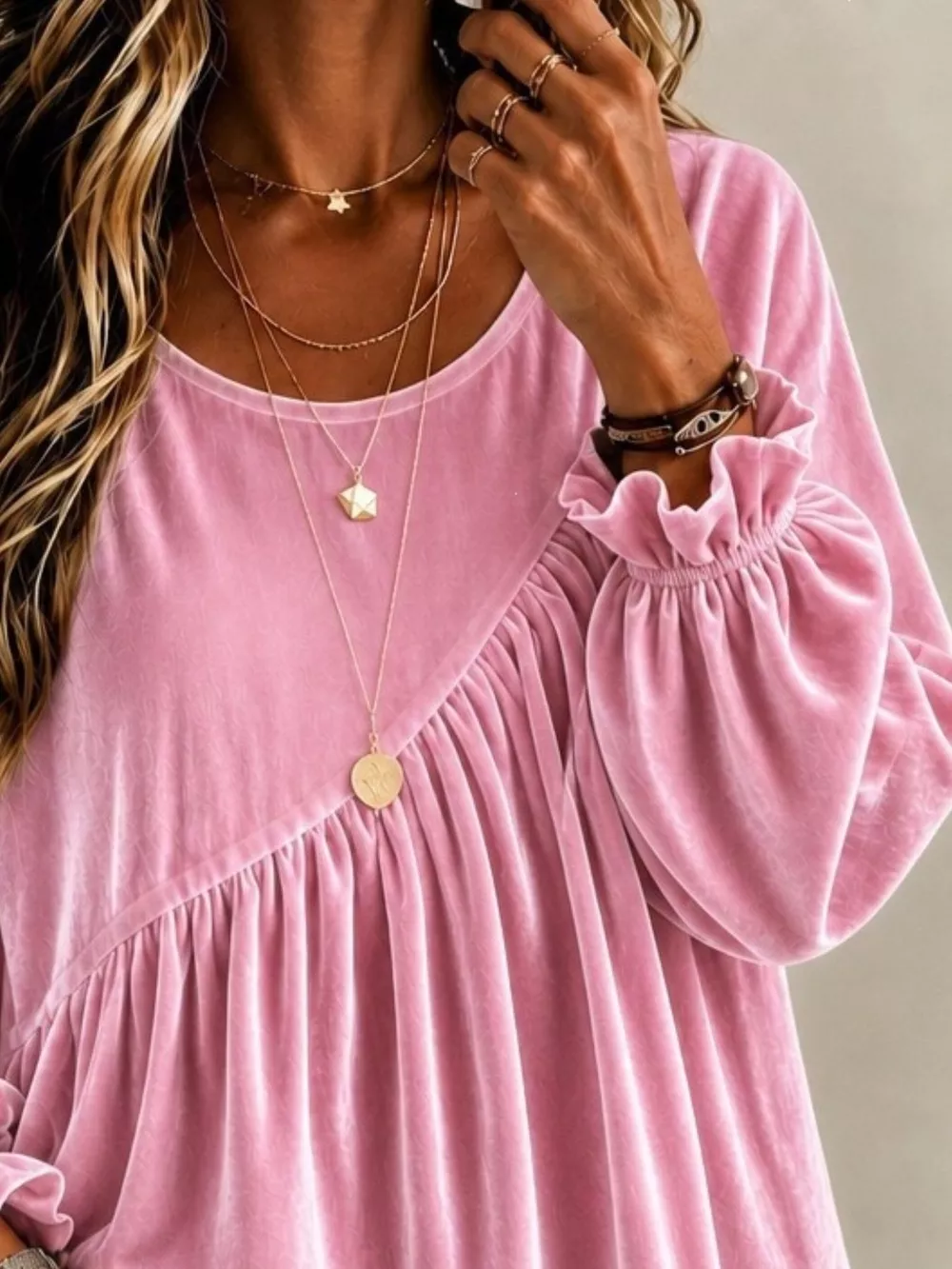 Full Size Velvet Round Neck Long Sleeve Blouse Plus Size, image 4