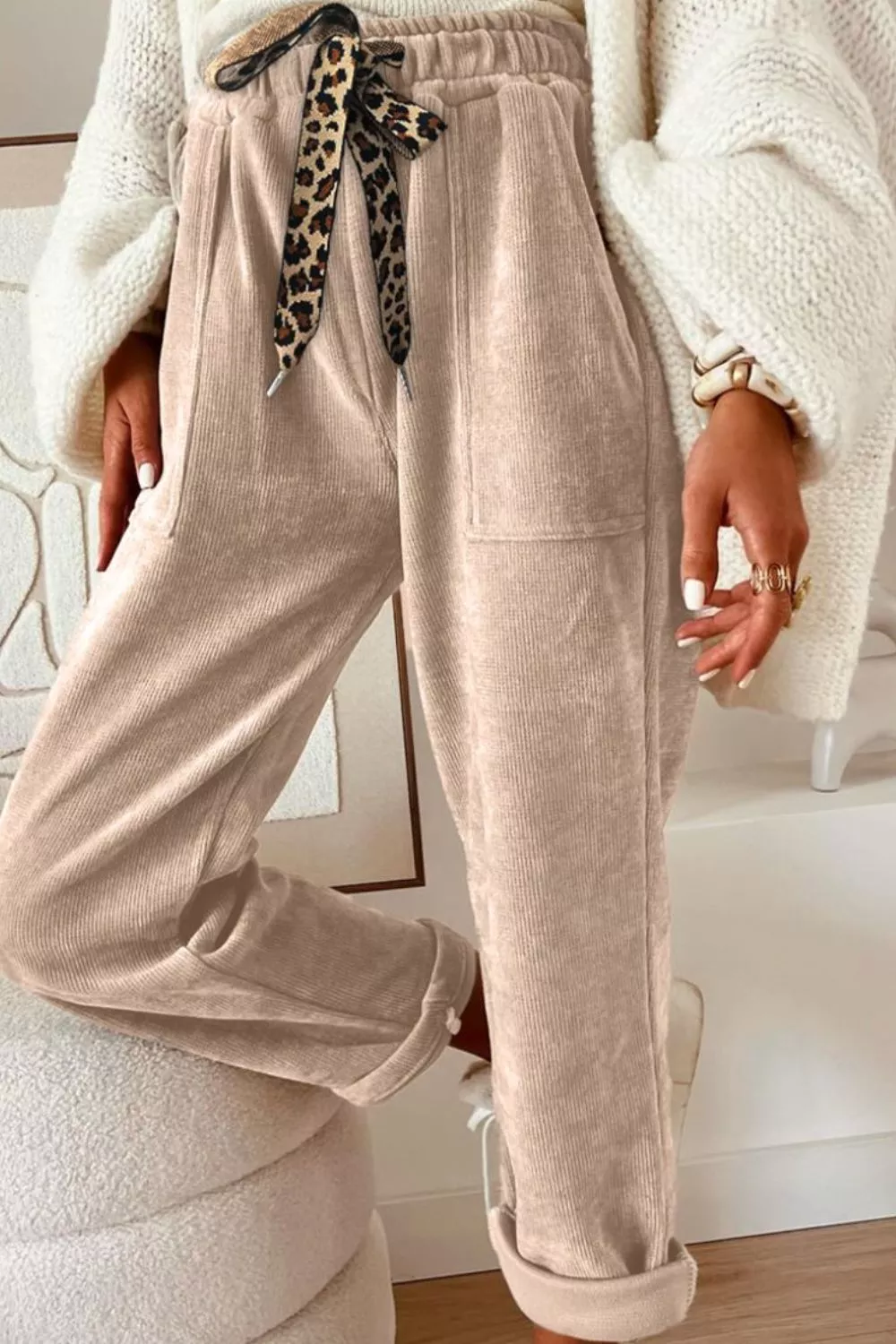Leopard Drawstring Loose Fit Pants, image 2