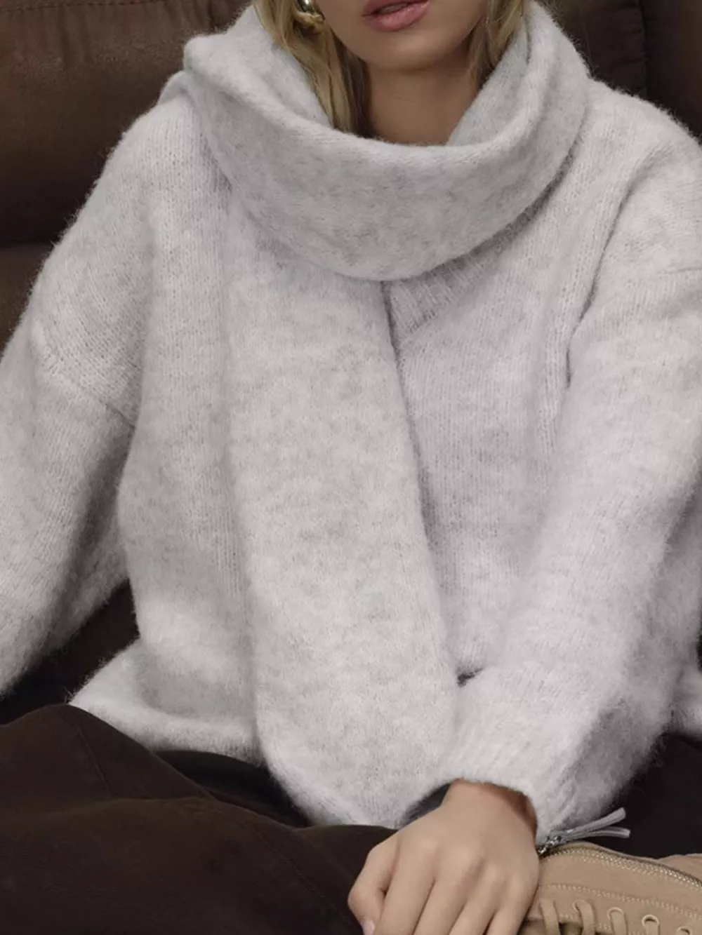 Oversized V-Neck Dropped Shoulder Sweater with Scarf, image 2