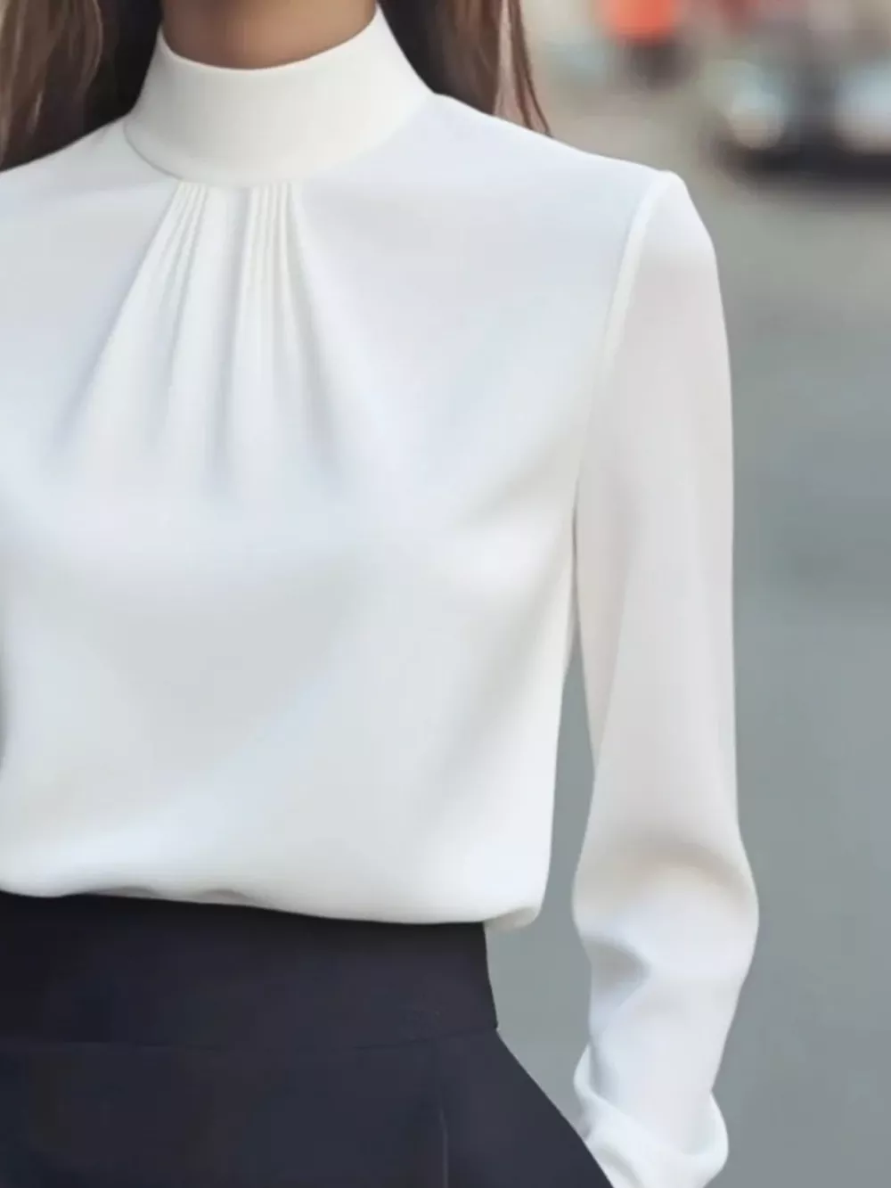 Mock Neck Long Sleeve Blouse with Pleated Detail, image 12