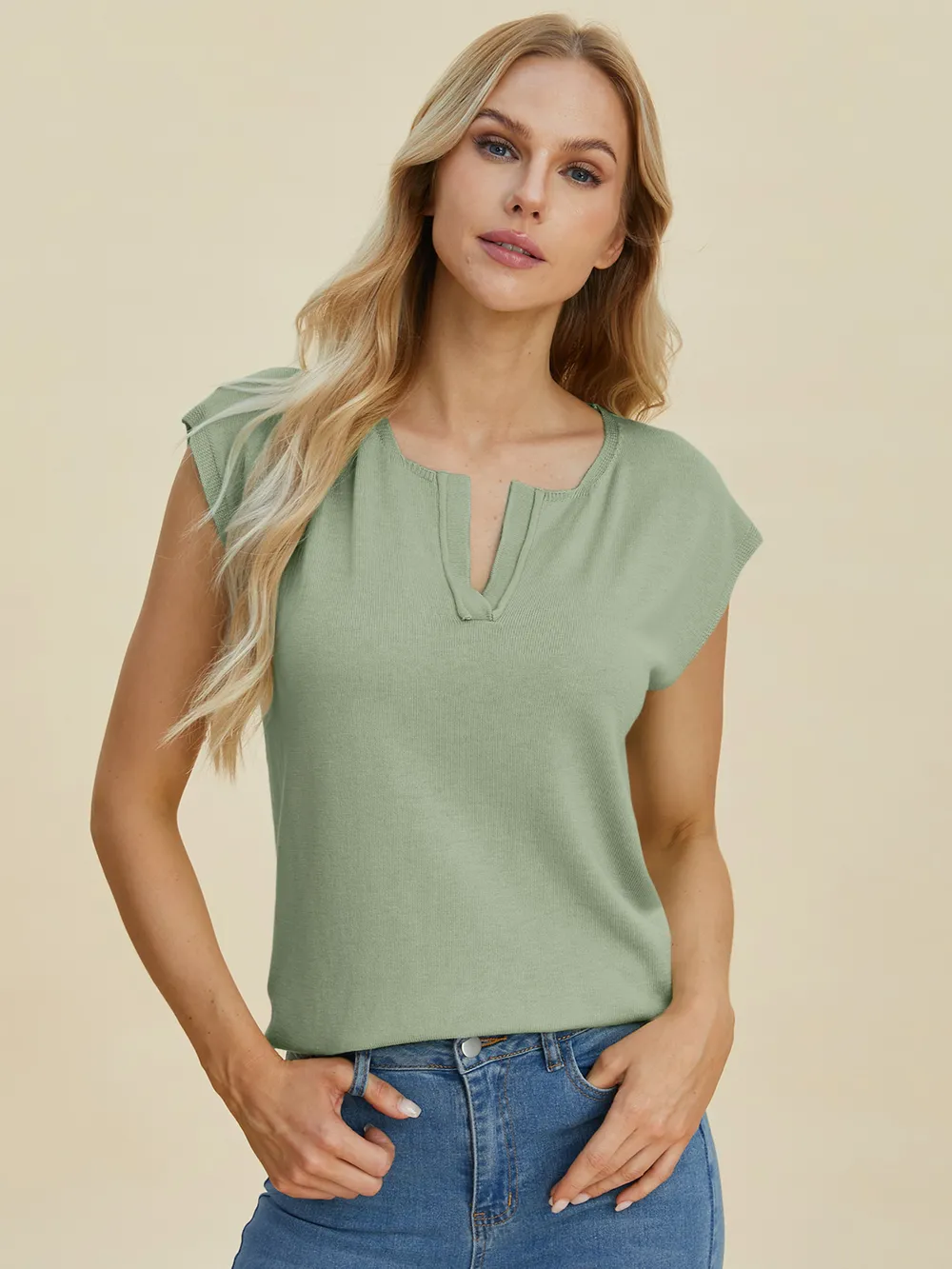 Full Size Notched Cap Sleeve Knit Top, image 9