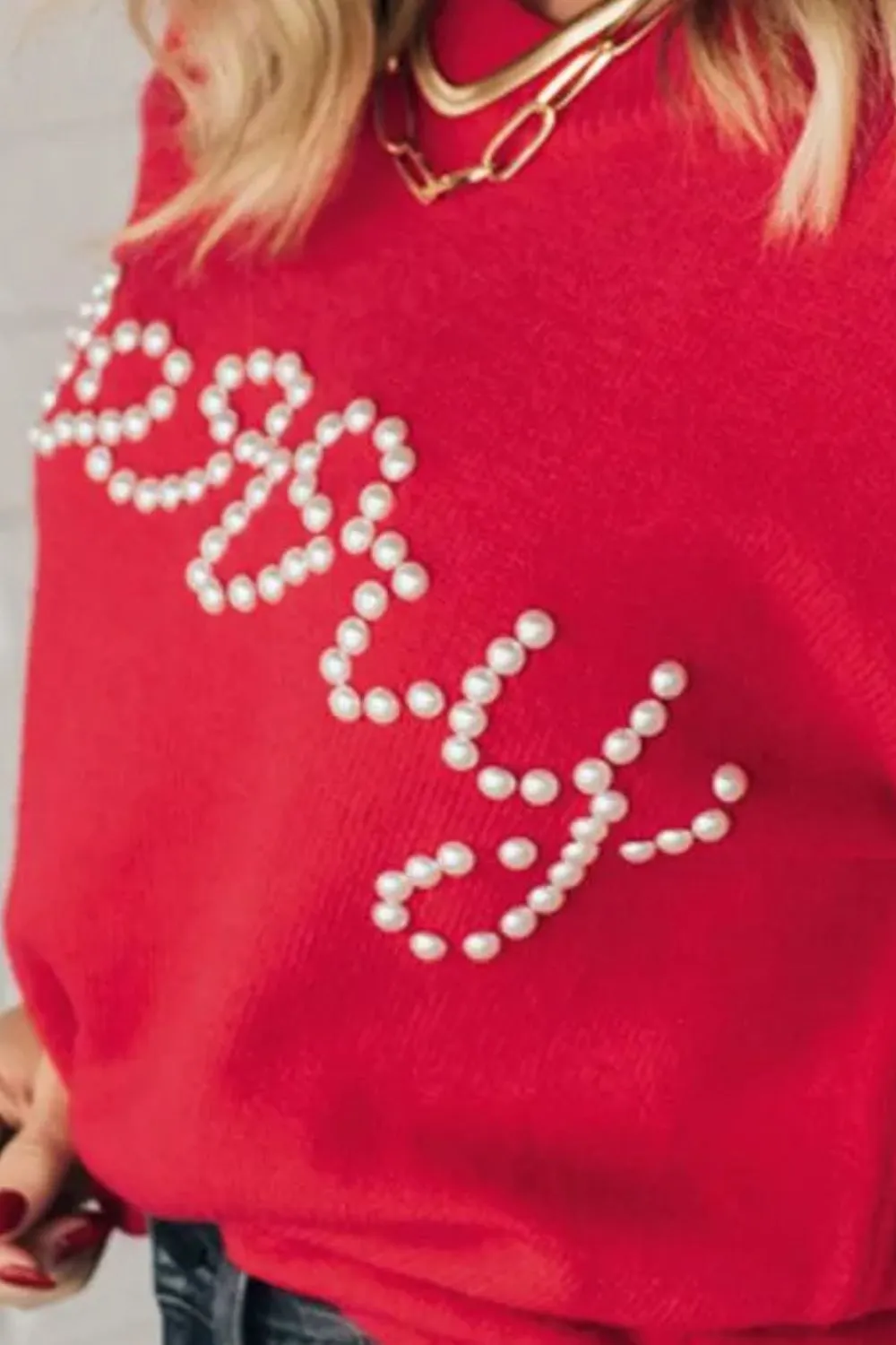 Letter Pearl Detail Round Neck Long Sleeve Sweater, image 3