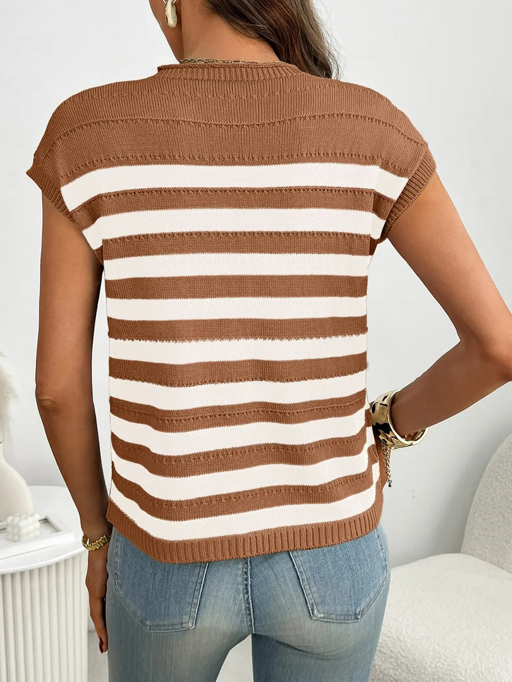 Striped Mock Neck Cap Sleeve Knit Top, image 17
