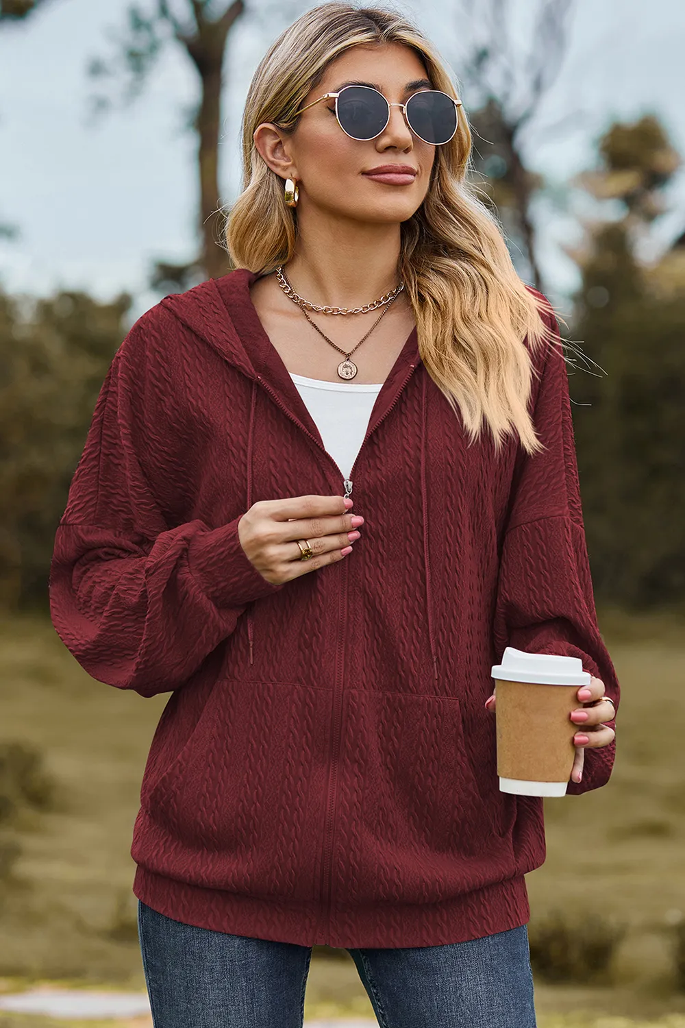 Drawstring Zip Up Dropped Shoulder Hoodie, image 17