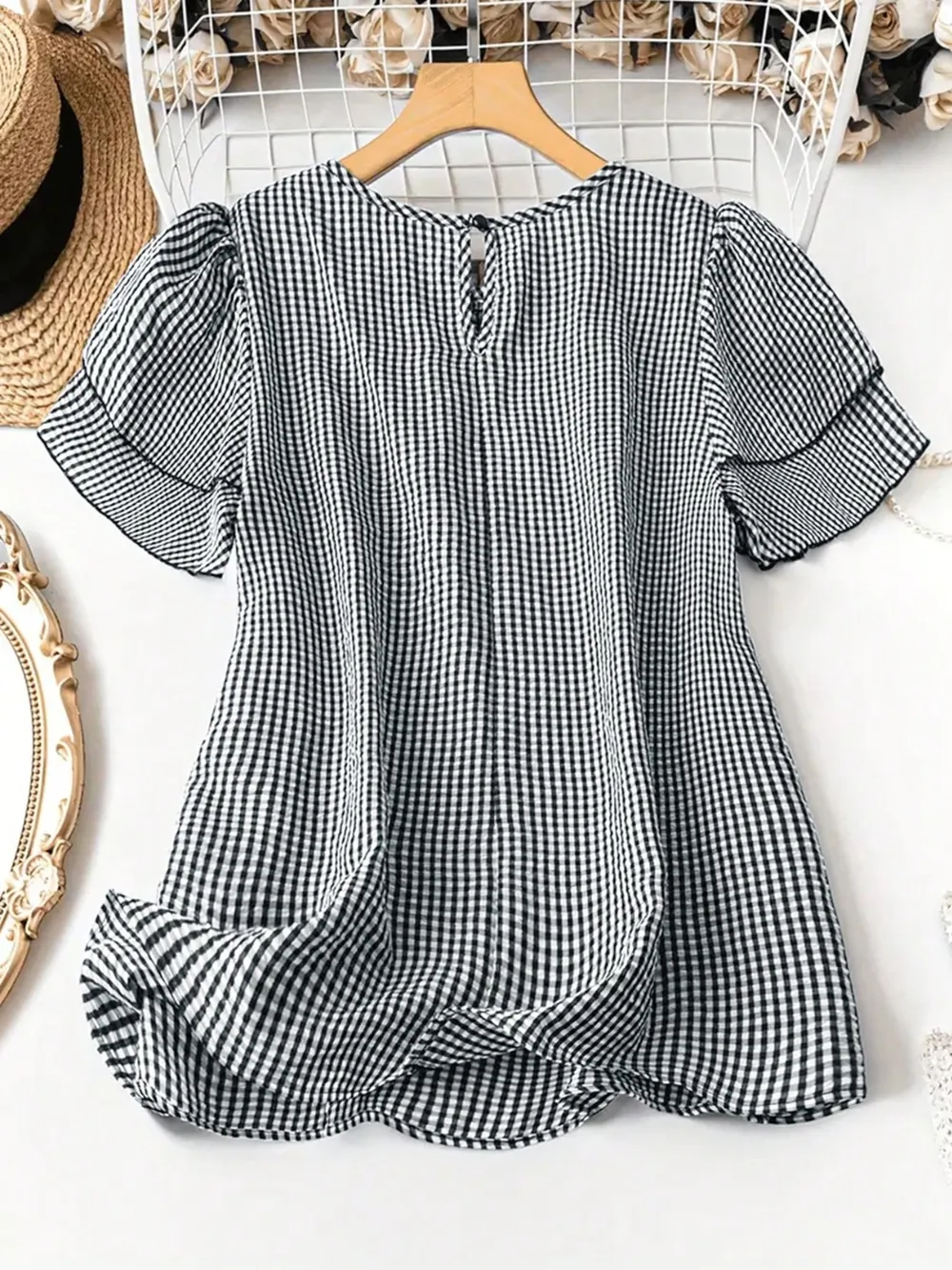 Smocked Plaid Round Neck Layered Short Sleeve Blouse, image 4