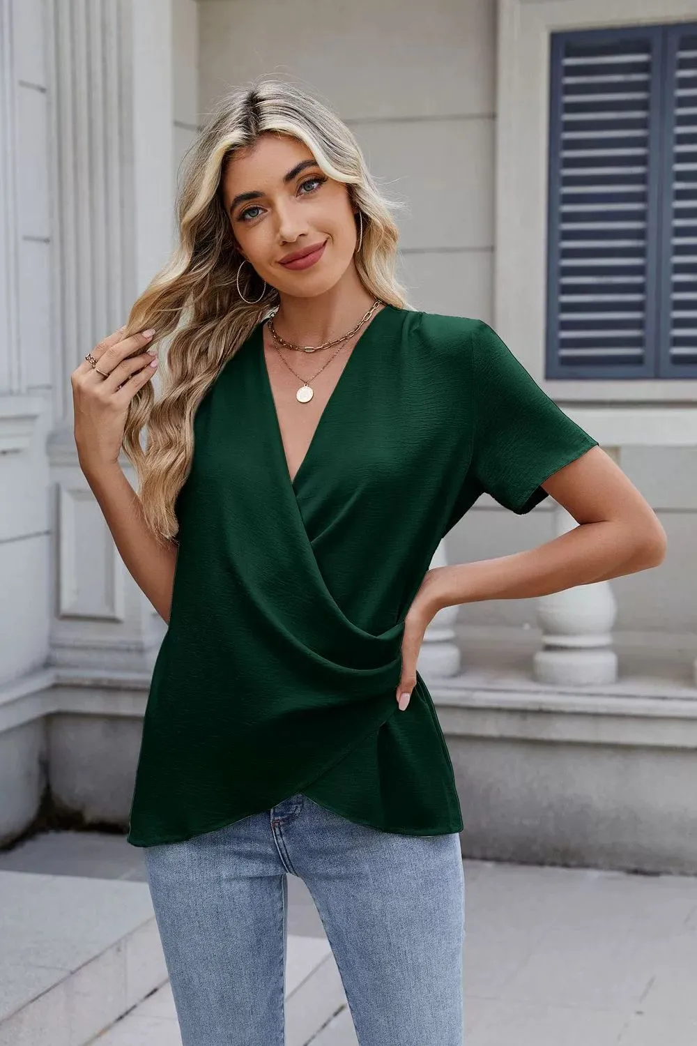 Solid Color Surplice Short Sleeve Blouse, image 12