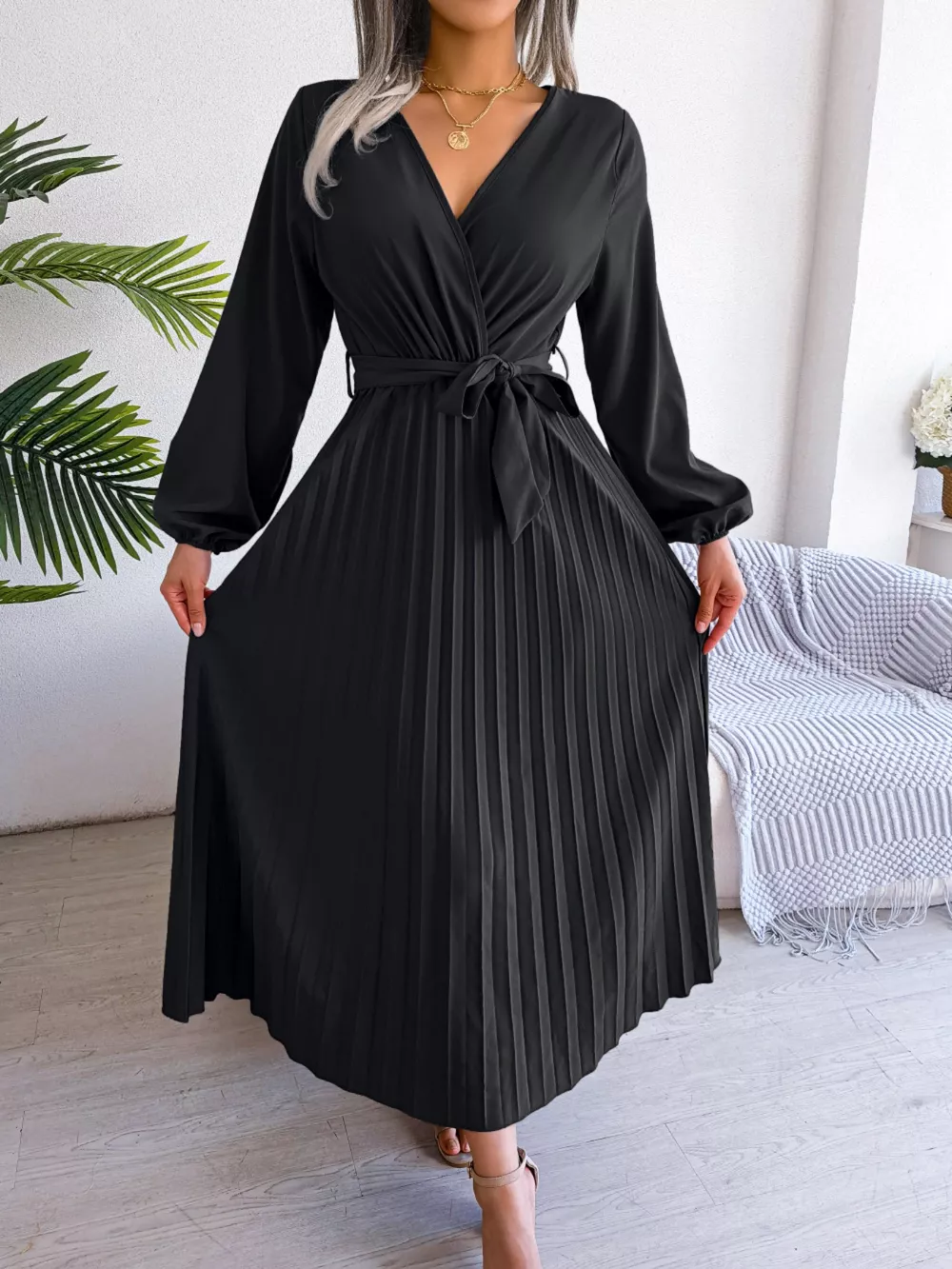 Elegant Pleated Front Tie Long Sleeve Dress, image 10