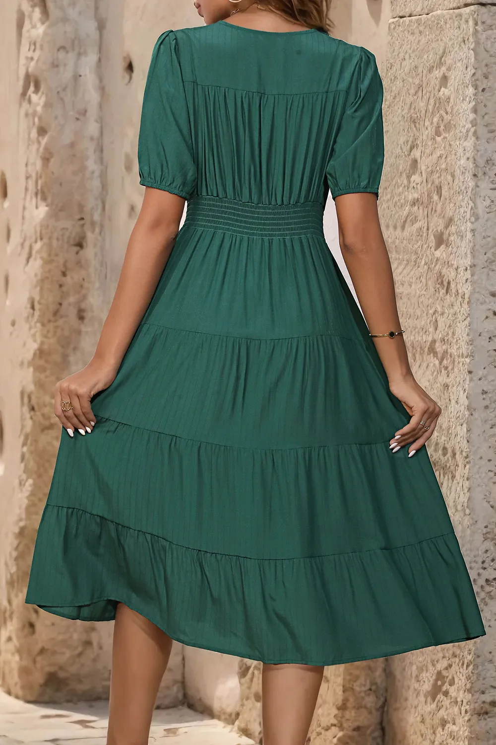 V-Neck Button Up Balloon Sleeve Midi Dress, image 2