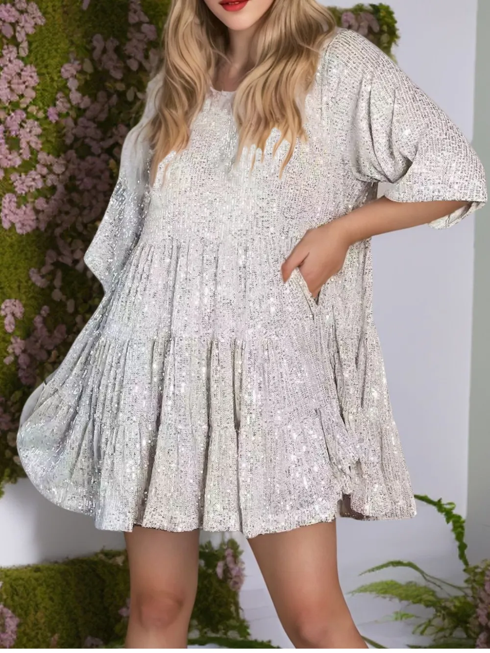 Sequin Round Neck Half Sleeve Mini Dress, image 24