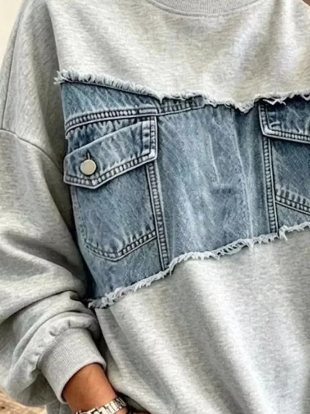 Full Size Denim Patchwork Dropped Shoulder Sweatshirt Plus Size, image 3