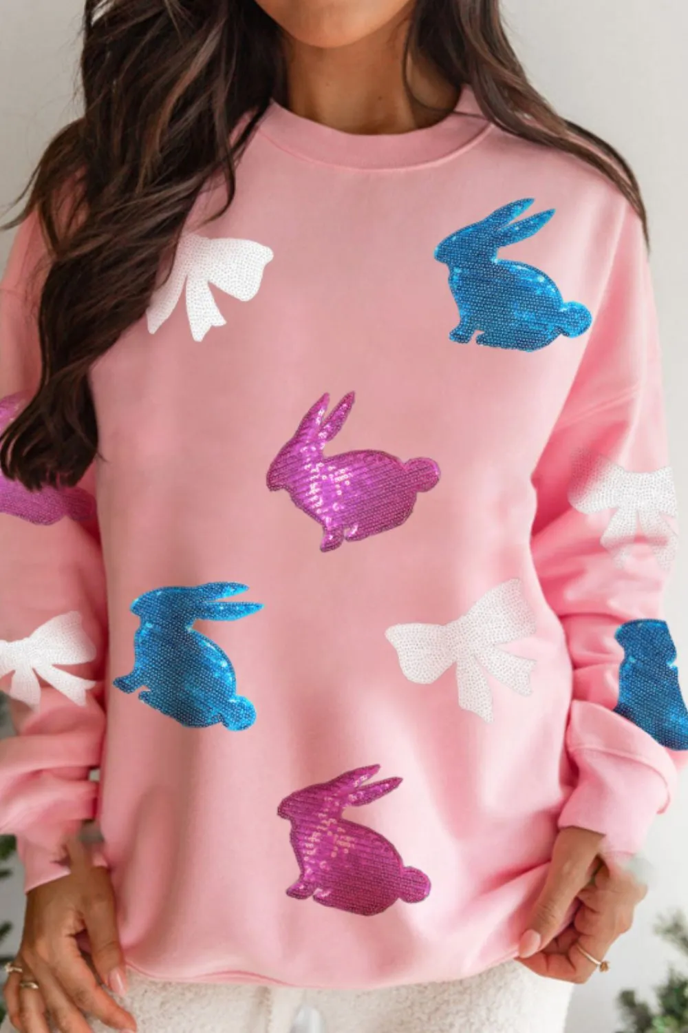 Easter Bunny Bow Knot Sequined Sweatshirt, image 3