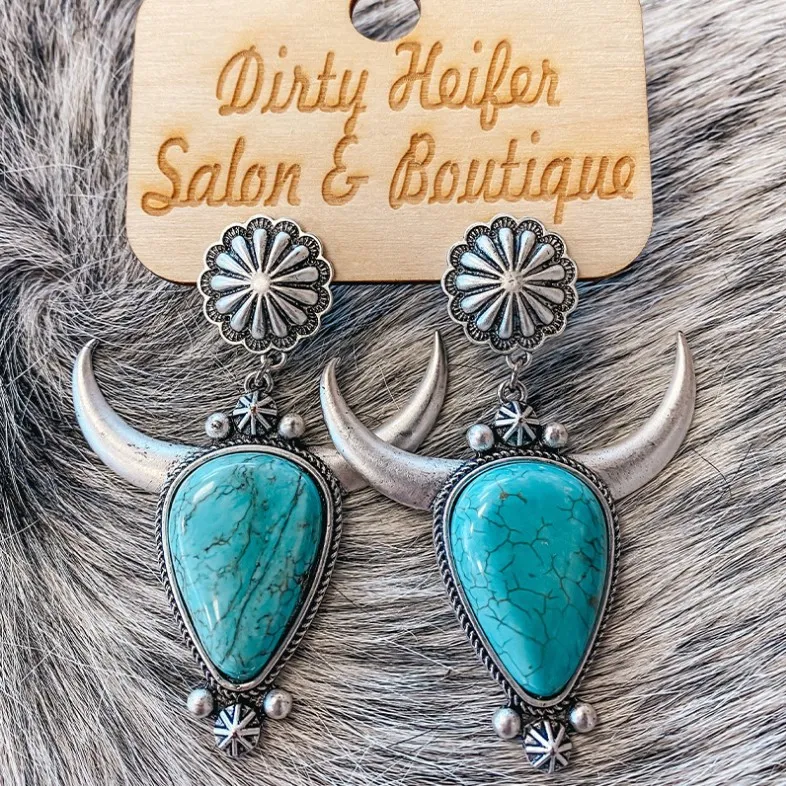 Artificial Turquoise Alloy Cow Head Earrings, image 5