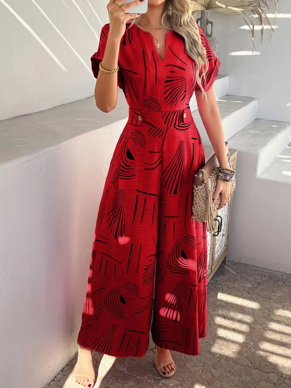 Printed Notched Short Sleeve Wide Leg Jumpsuit, image 10